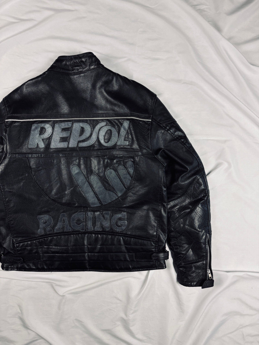 Repsol biker leather heavy jacket all black motorcycle