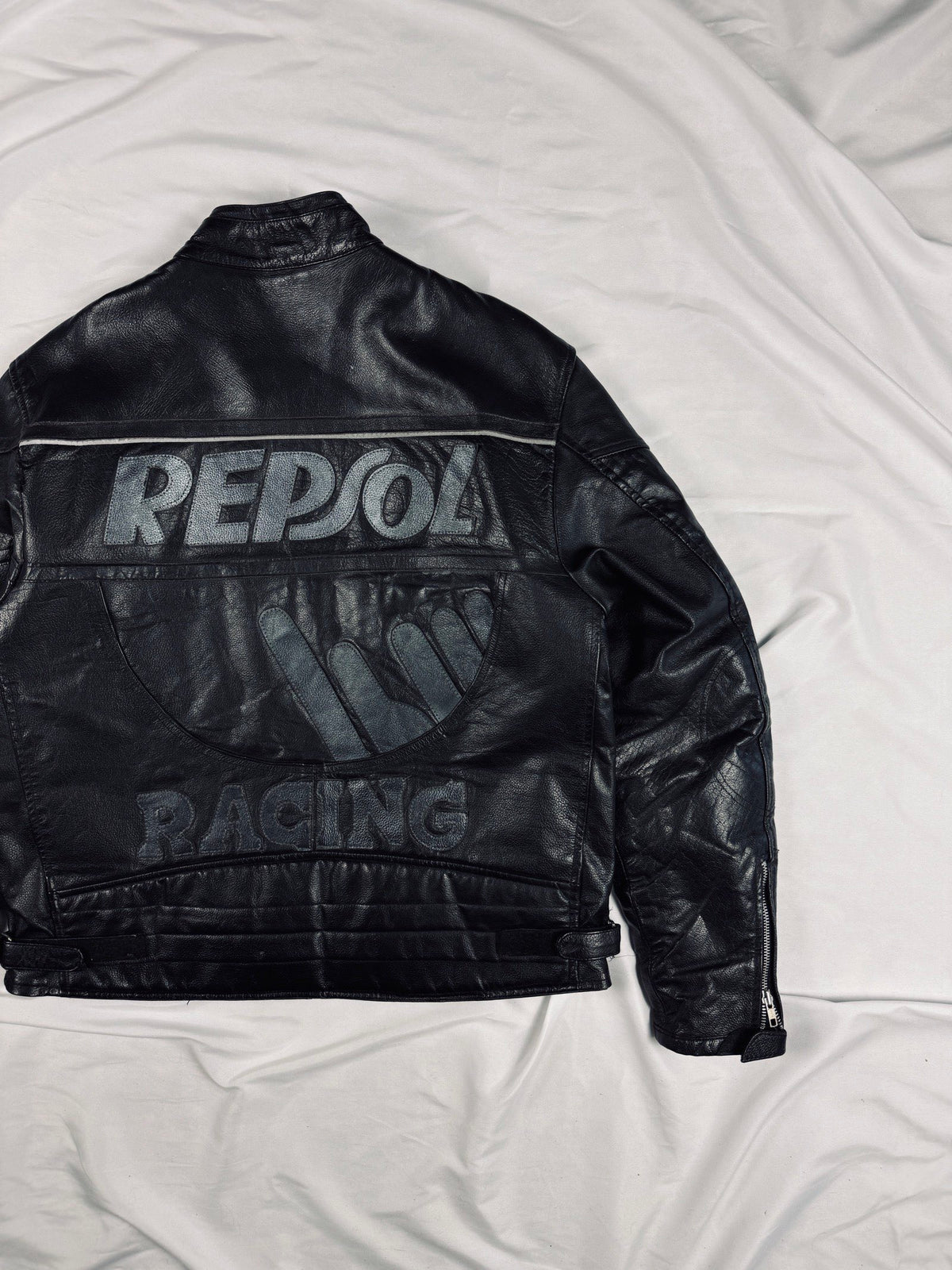 Repsol biker leather heavy jacket all black motorcycle