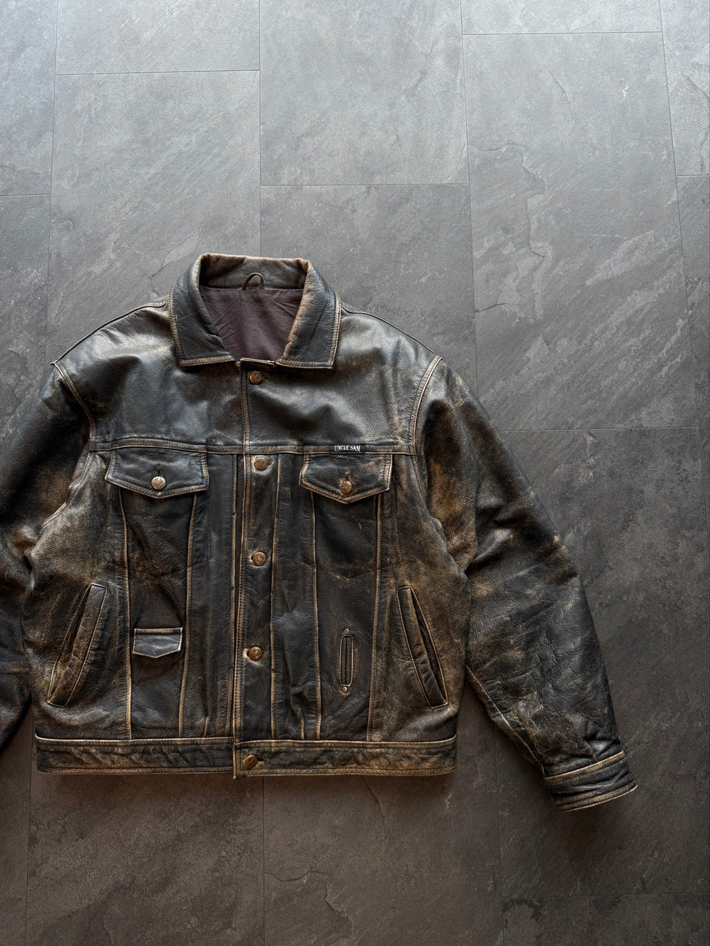 90s Uncle Sam trucker patina heavy leather jacket
