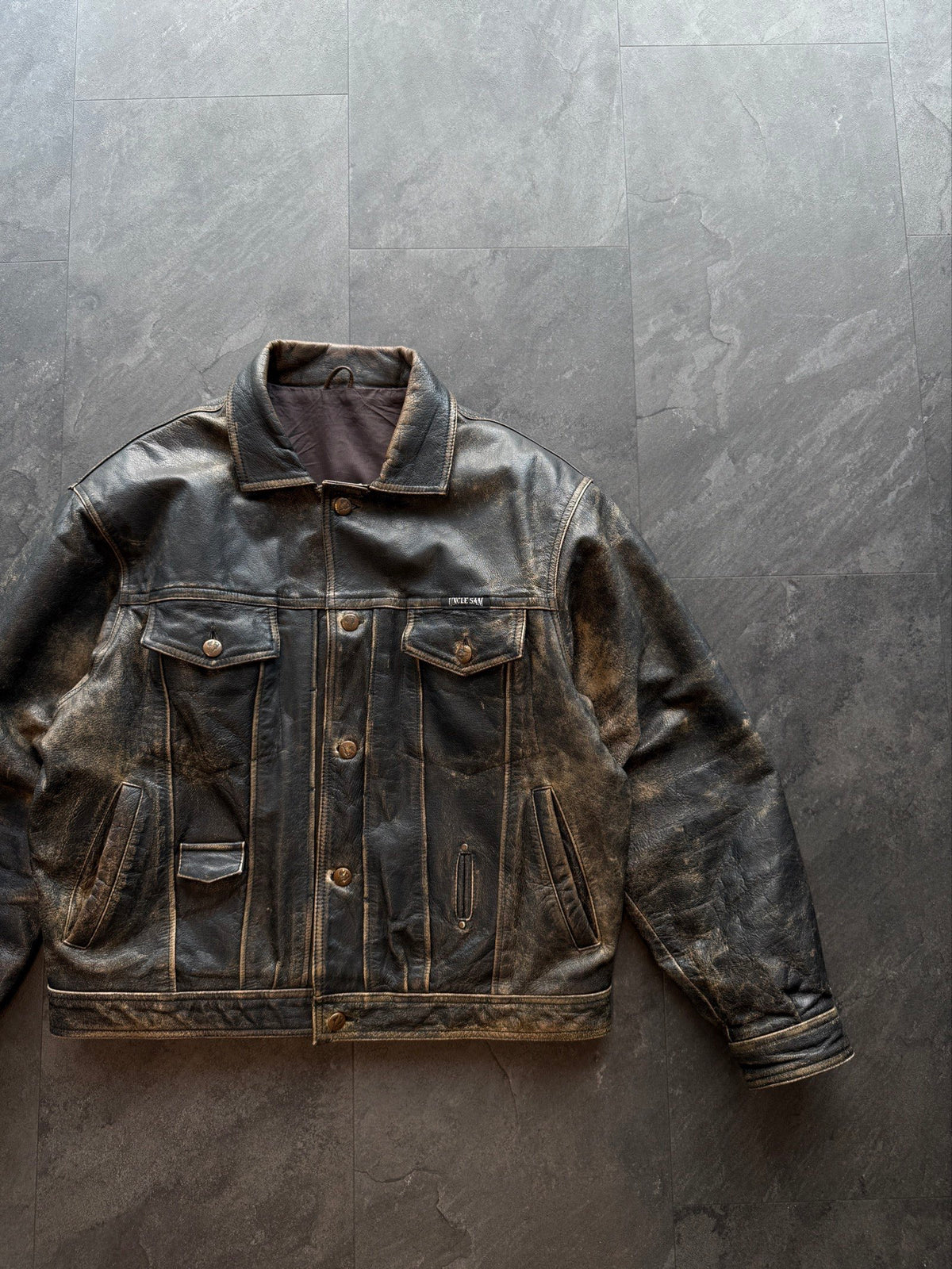 90s Uncle Sam trucker patina heavy leather jacket