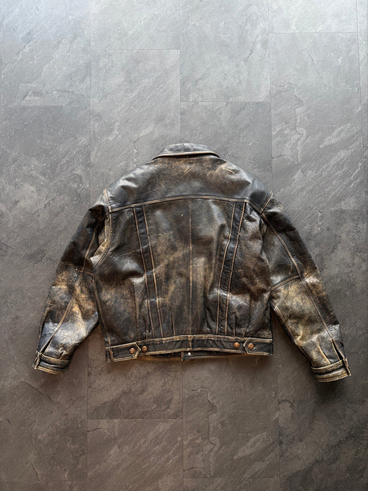 90s Uncle Sam trucker patina heavy leather jacket