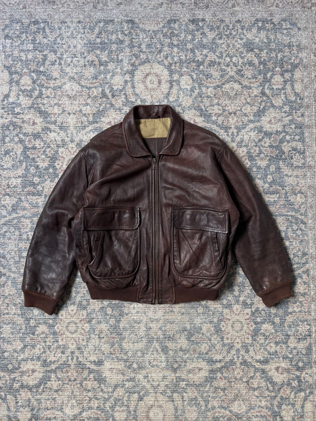 Heavy full grain brown 90s leather jacket aviator bomber