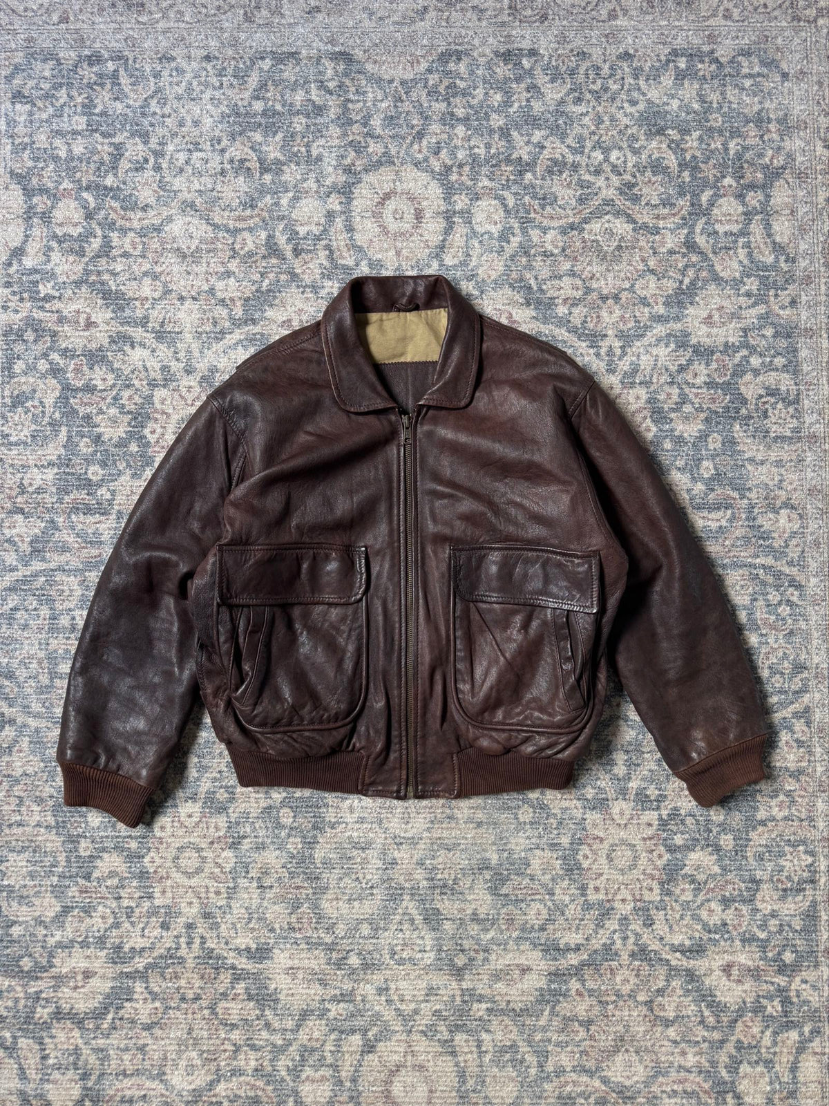 Heavy full grain brown 90s leather jacket aviator bomber