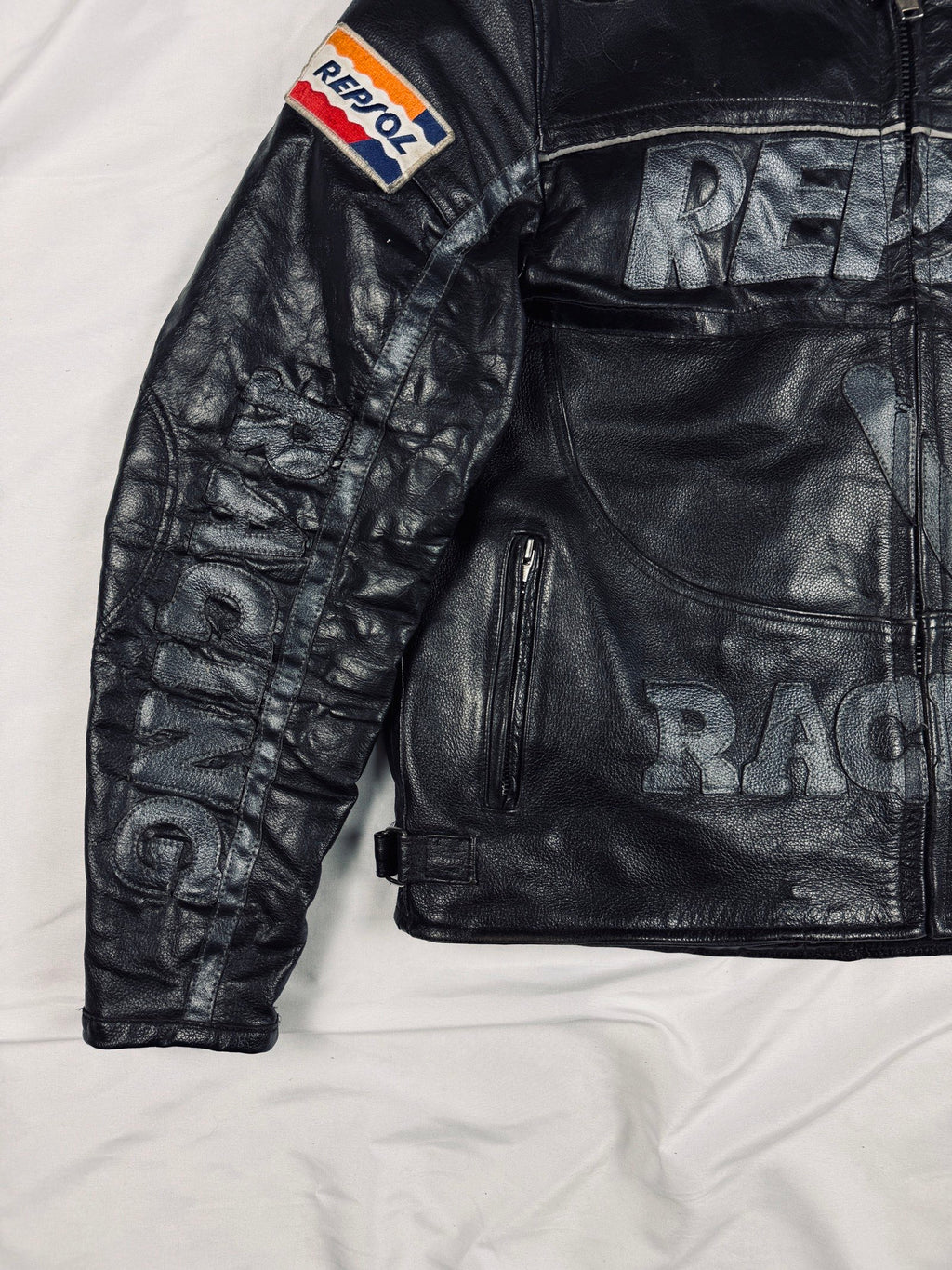 Repsol biker leather heavy jacket all black motorcycle