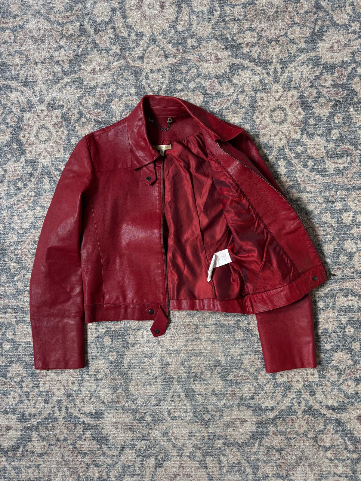 Vintage cherry red biker cropped leather jacket y2k