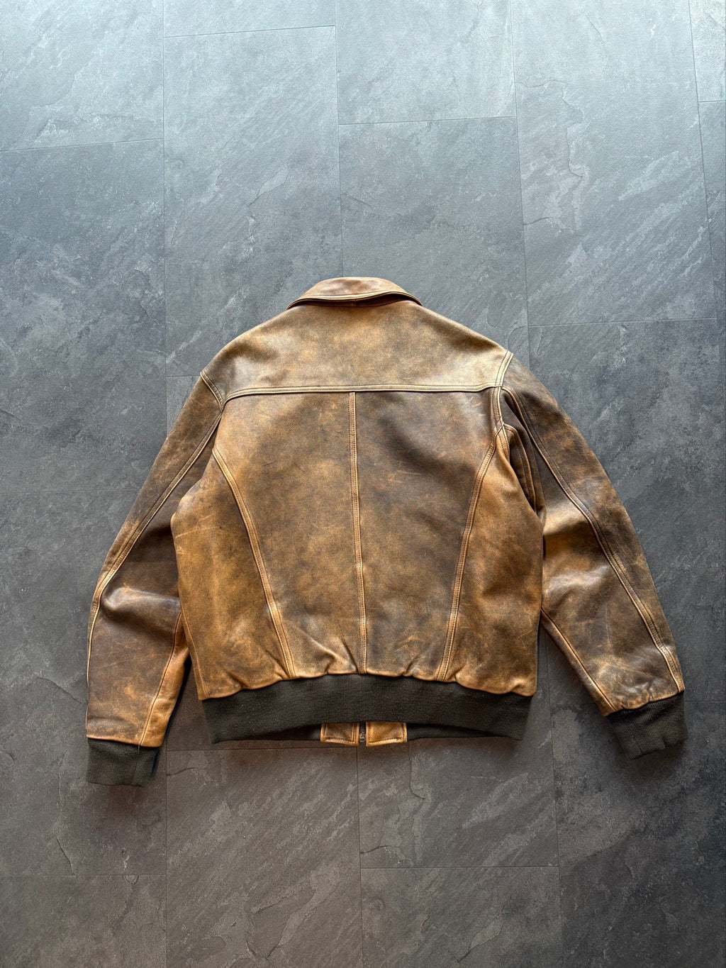 Vintage aviator leather bomber jacket authentic patina finish