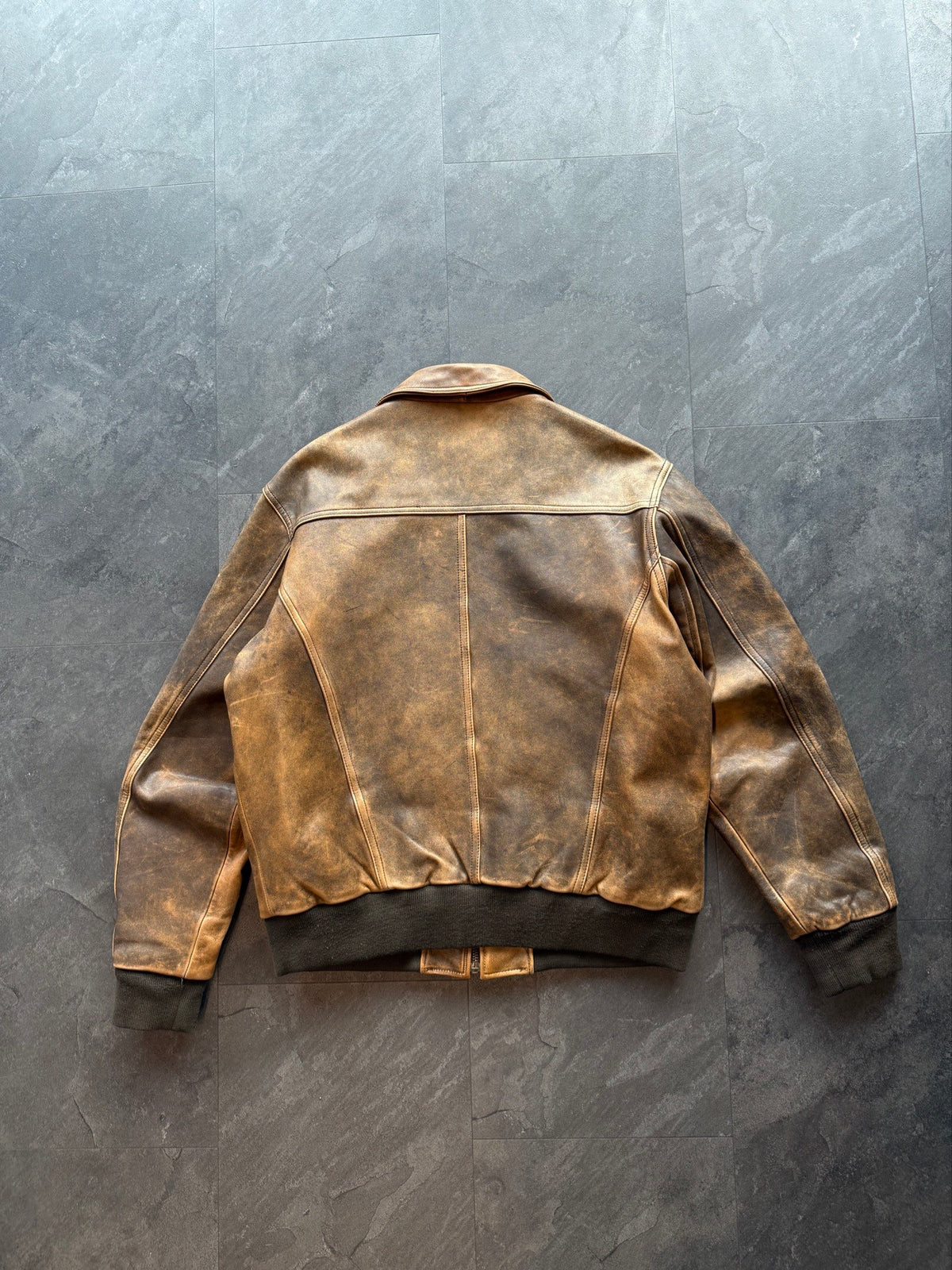 Vintage aviator leather bomber jacket authentic patina finish