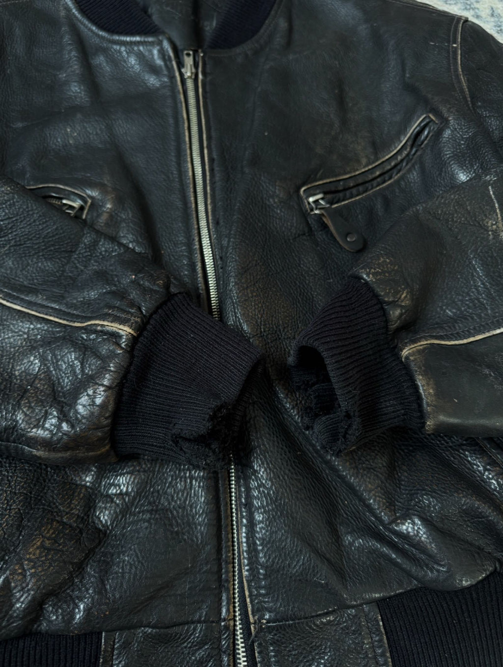 Heavy distressed brown patina leather jacket 90s