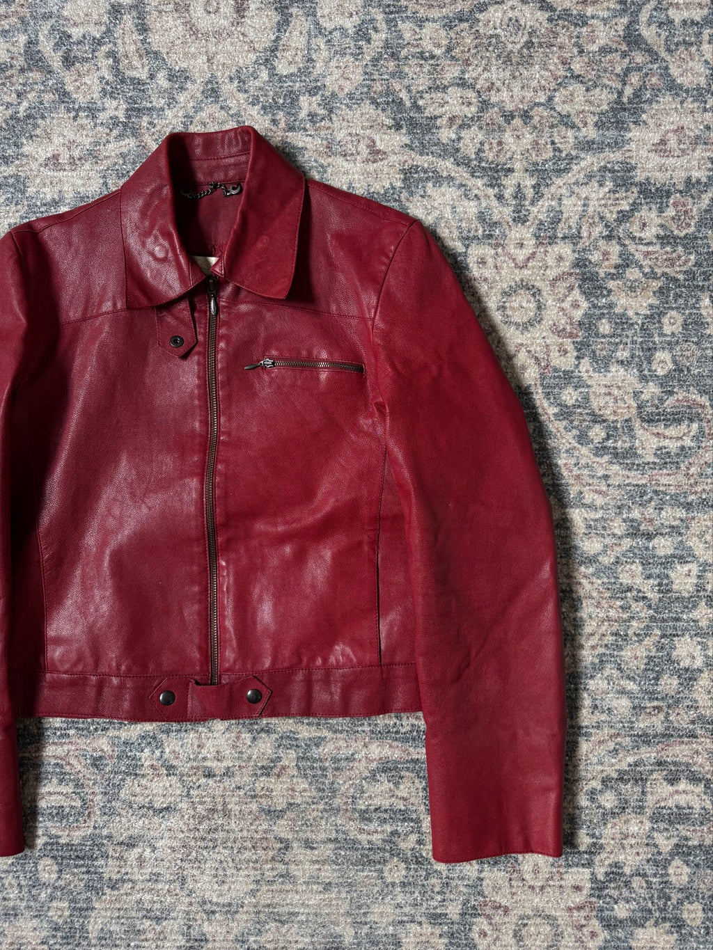 Vintage cherry red biker cropped leather jacket y2k