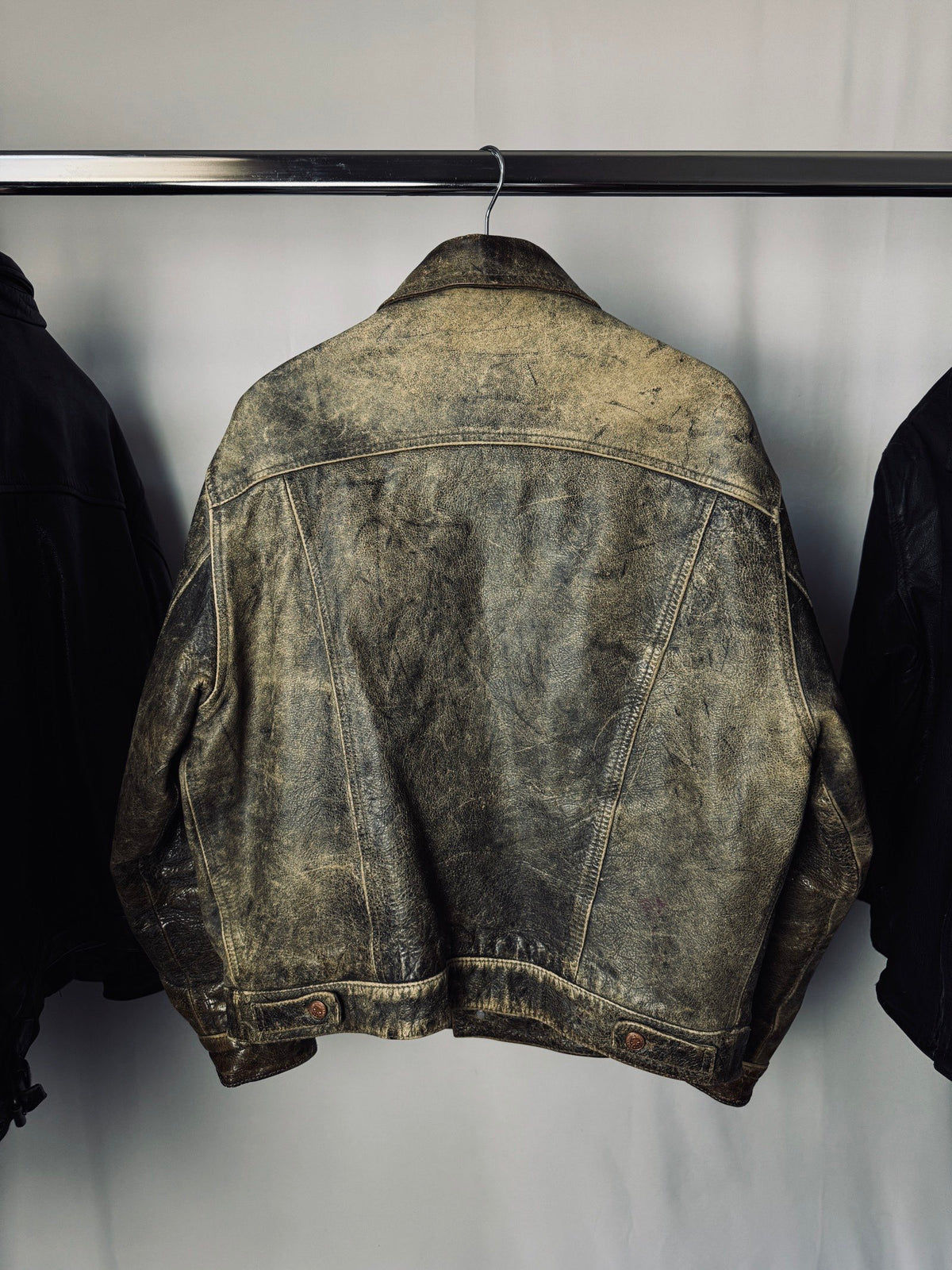 90s heavy patina Fiorucci workwear trucker leather jacket