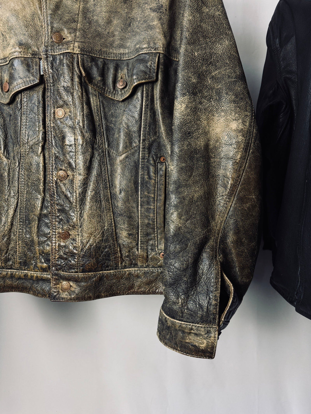 90s heavy patina Fiorucci workwear trucker leather jacket