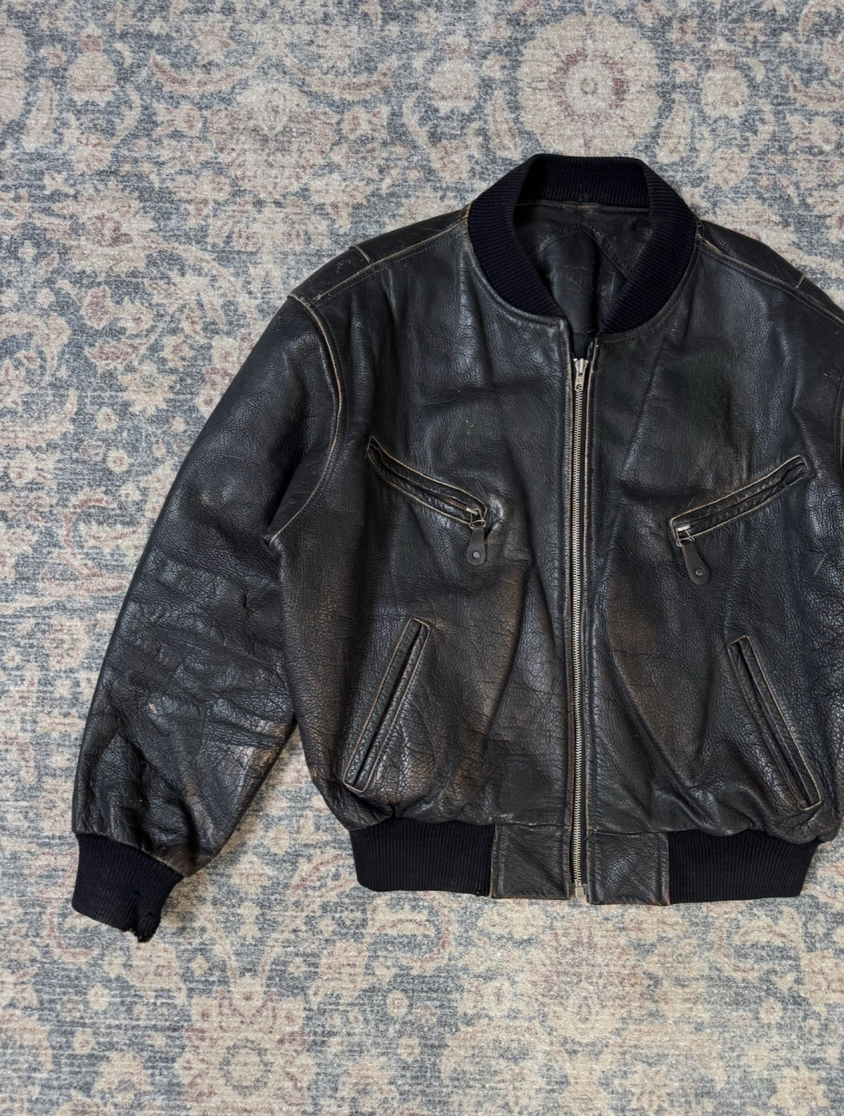 Heavy distressed brown patina leather jacket 90s