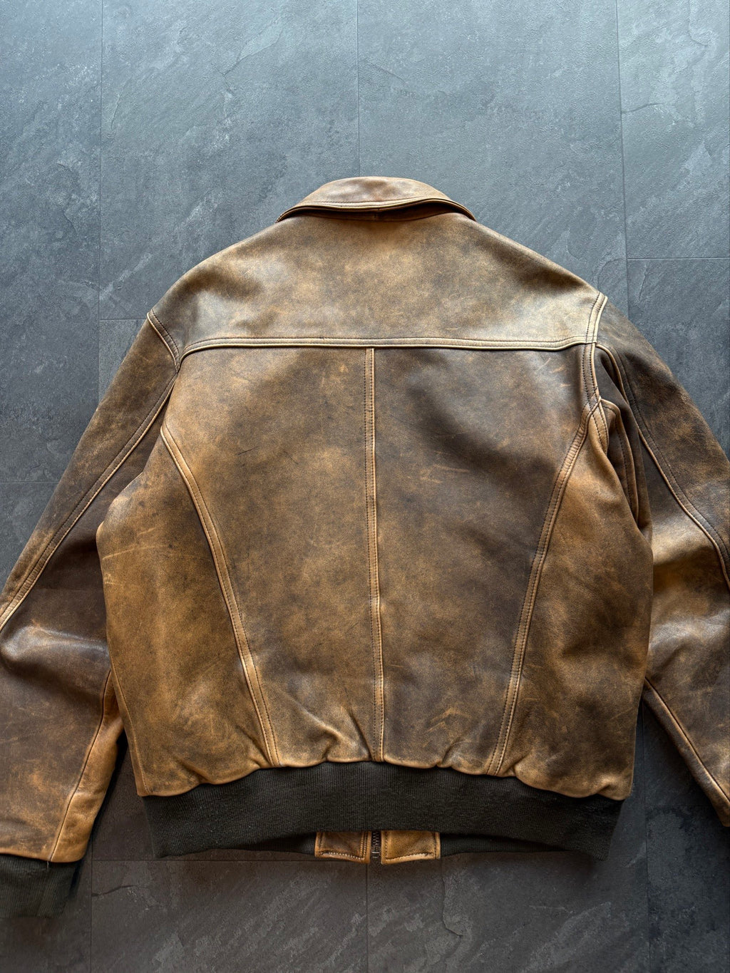 Vintage aviator leather bomber jacket authentic patina finish