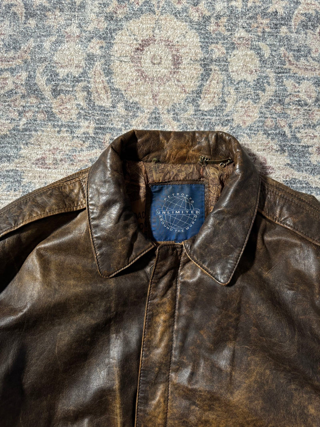 Petroff heavy patina aviator type leather jacket