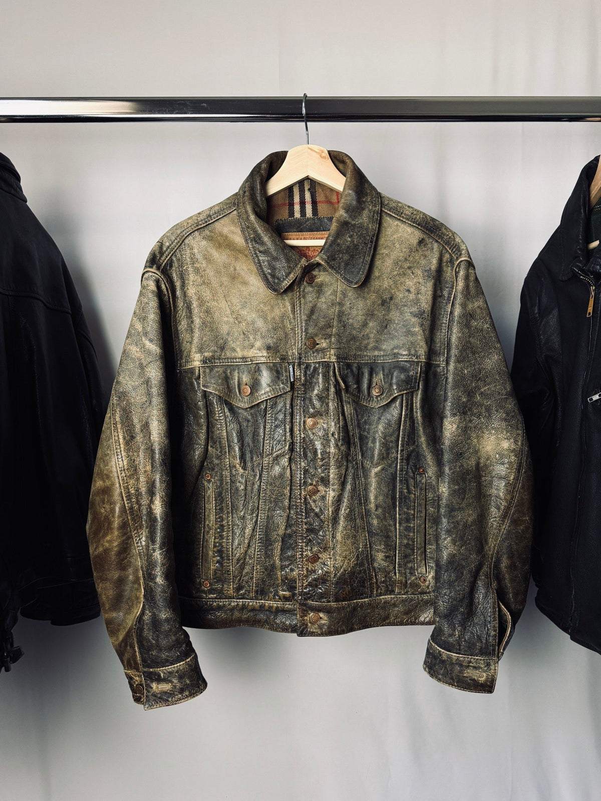 90s heavy patina Fiorucci workwear trucker leather jacket