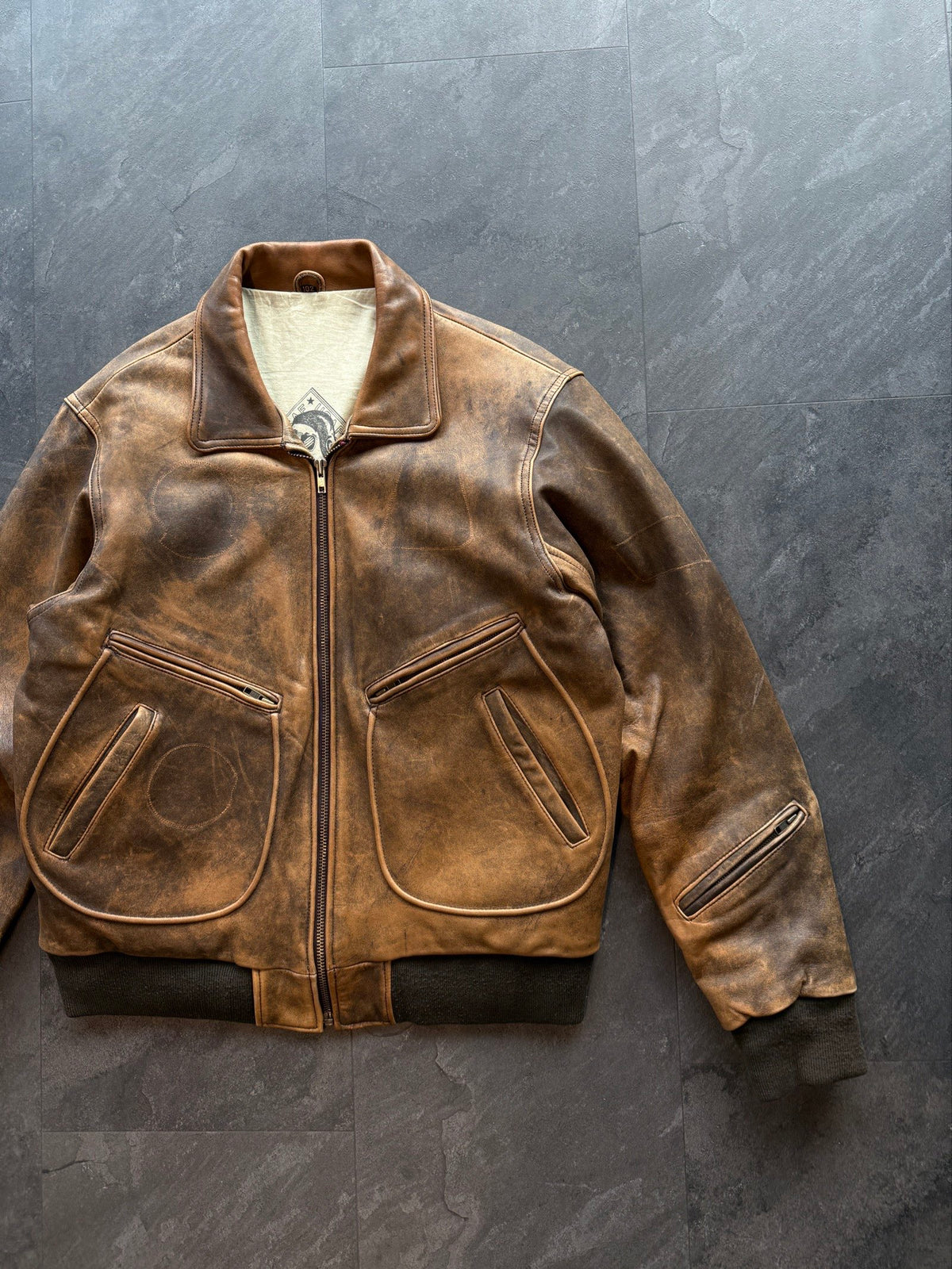 Vintage aviator leather bomber jacket authentic patina finish