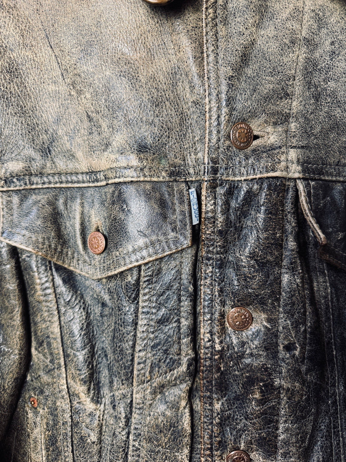 90s heavy patina Fiorucci workwear trucker leather jacket