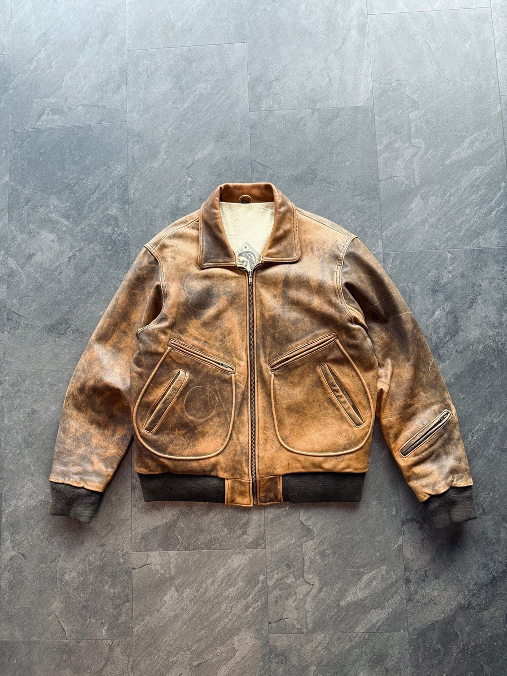 Vintage aviator leather bomber jacket authentic patina finish