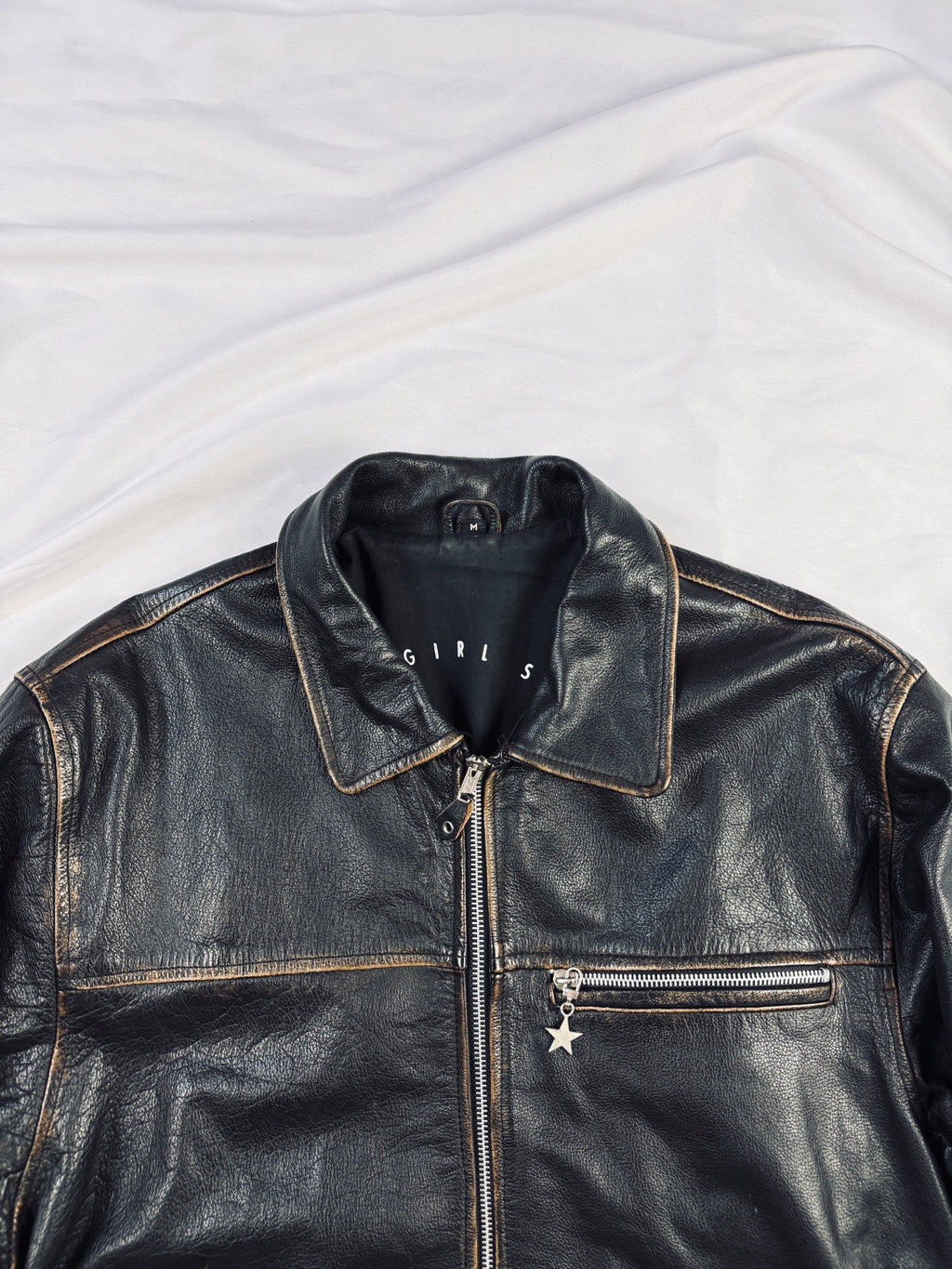 star straight cut brown patina leather jacket