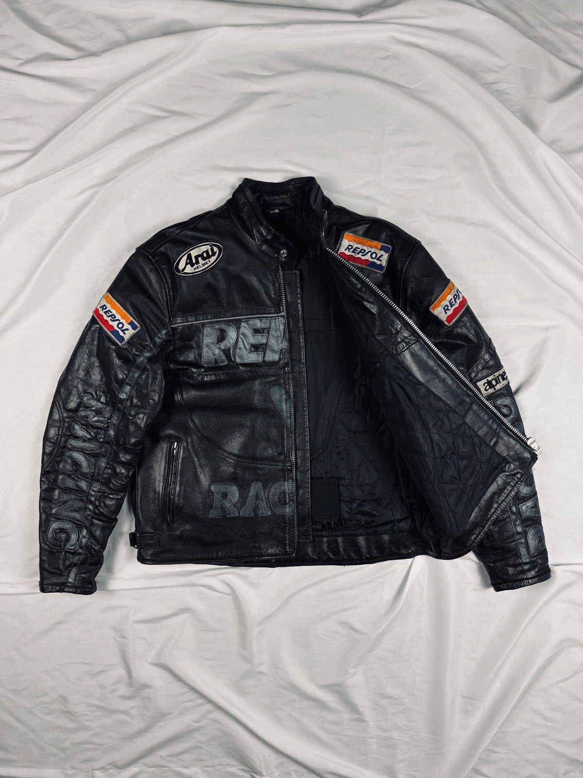 Repsol biker leather heavy jacket all black motorcycle