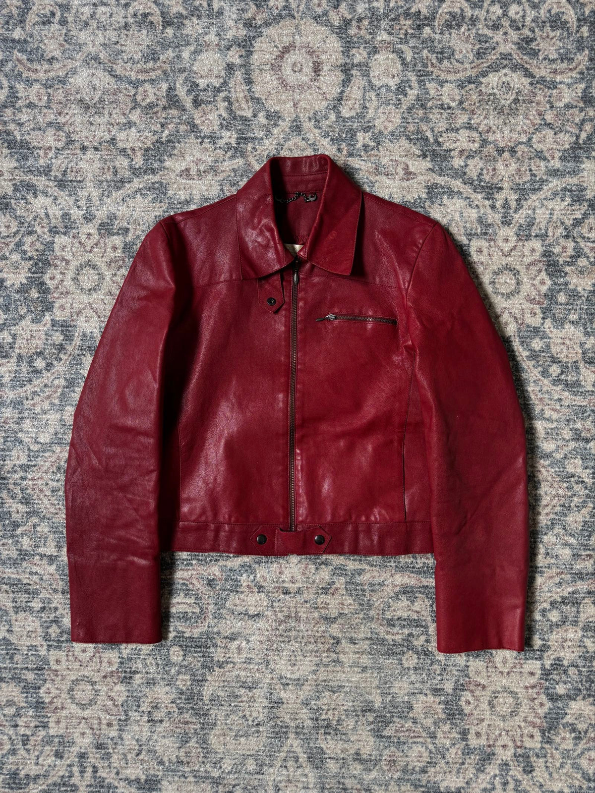 Vintage cherry red biker cropped leather jacket y2k