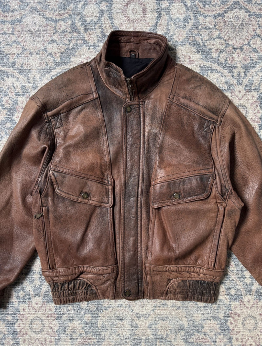 Heavy top grain 90s retro bomber leather jacket patina