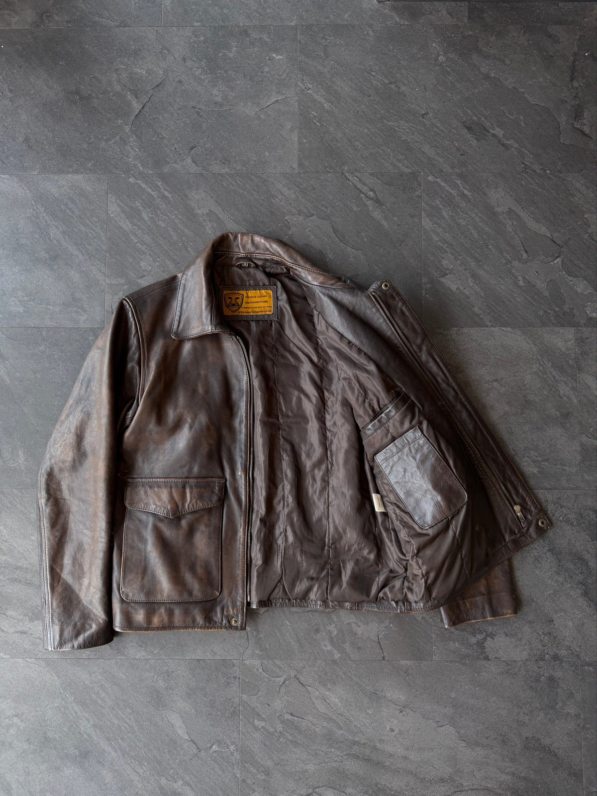 Brown 00s straight cut heavy grain leather jacket cherry red