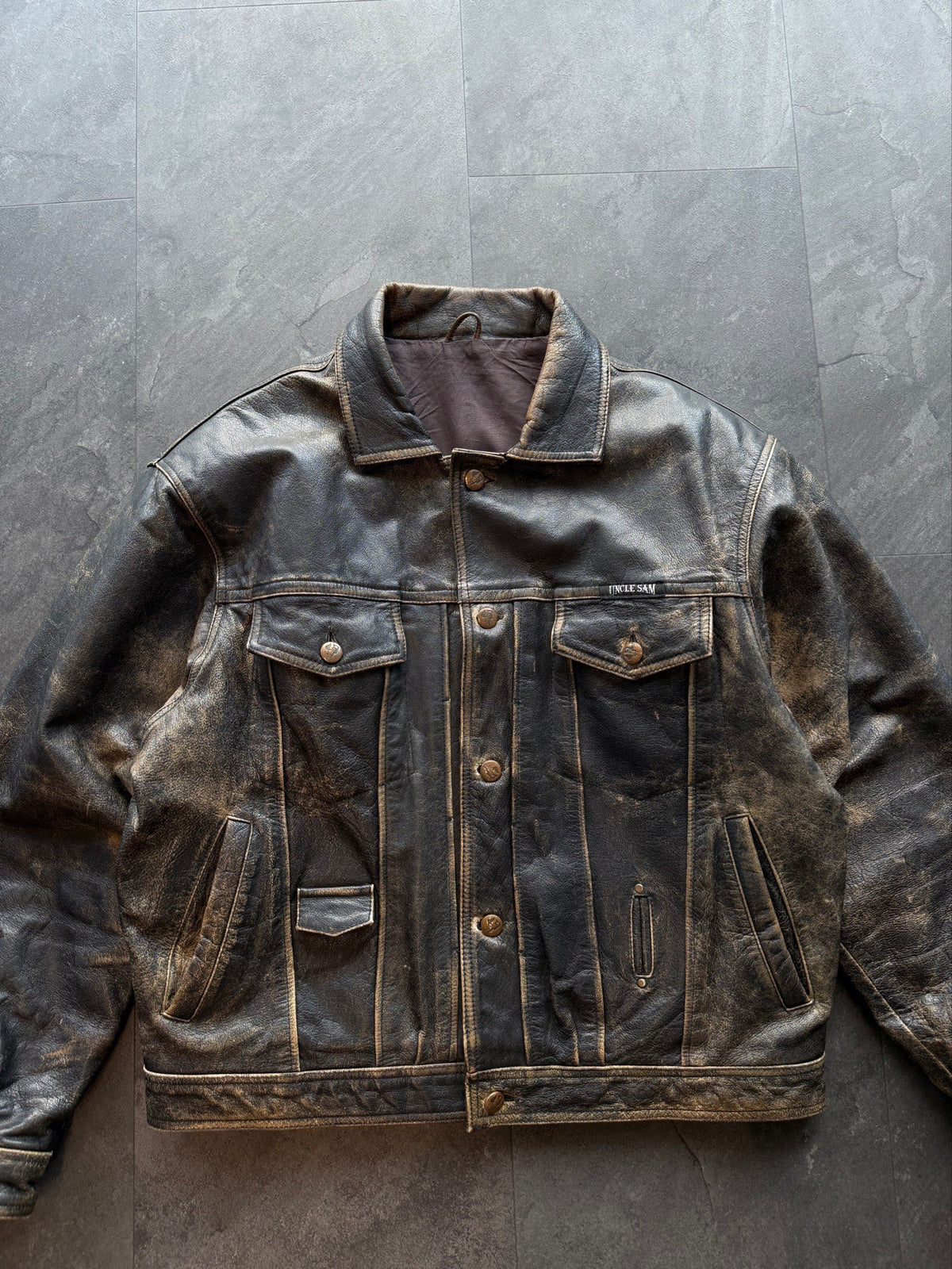 90s Uncle Sam trucker patina heavy leather jacket