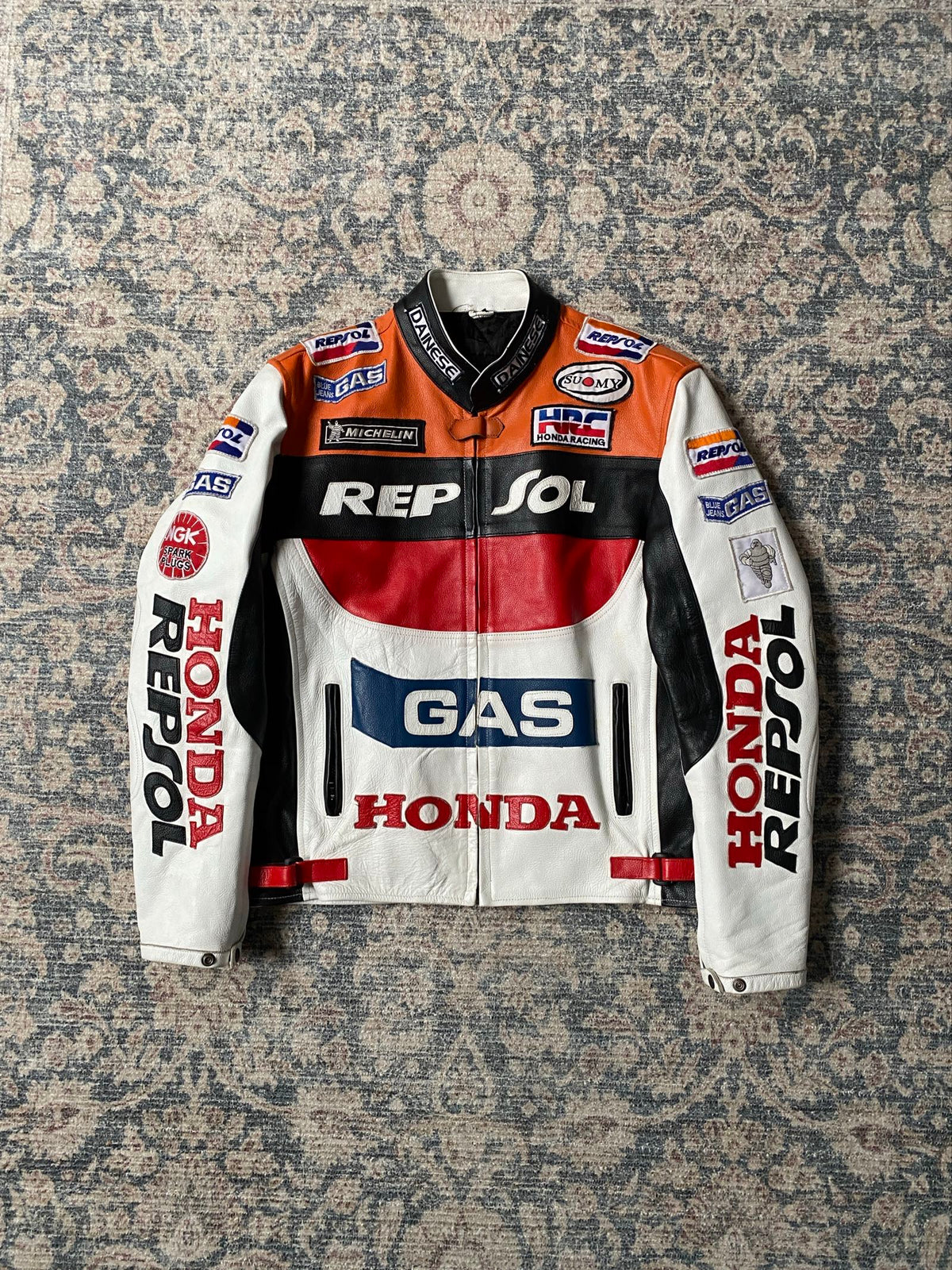 Vintage Repsol Honda Gas racing biker leather jacket
