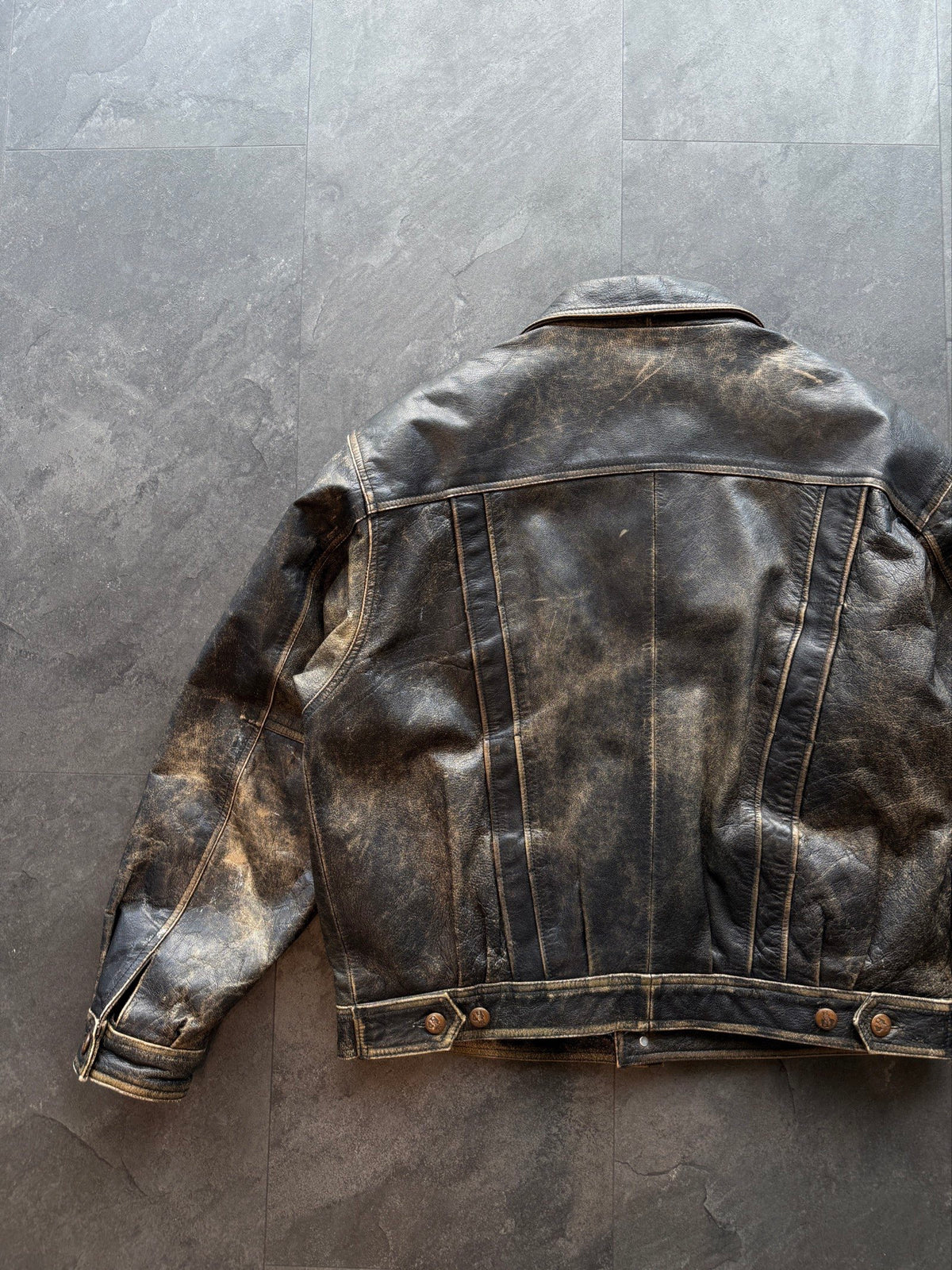 90s Uncle Sam trucker patina heavy leather jacket