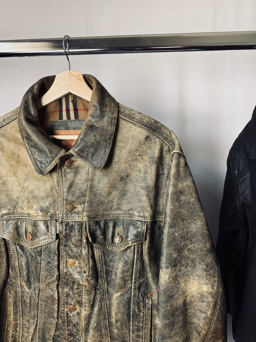 90s heavy patina Fiorucci workwear trucker leather jacket