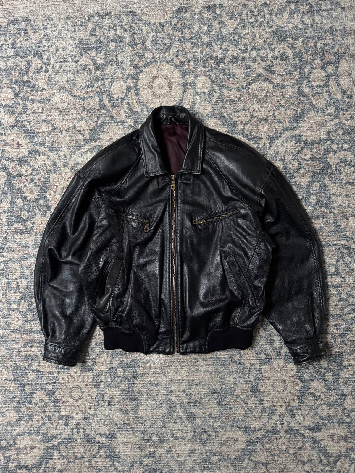 90s black heavy bomber leather jacket