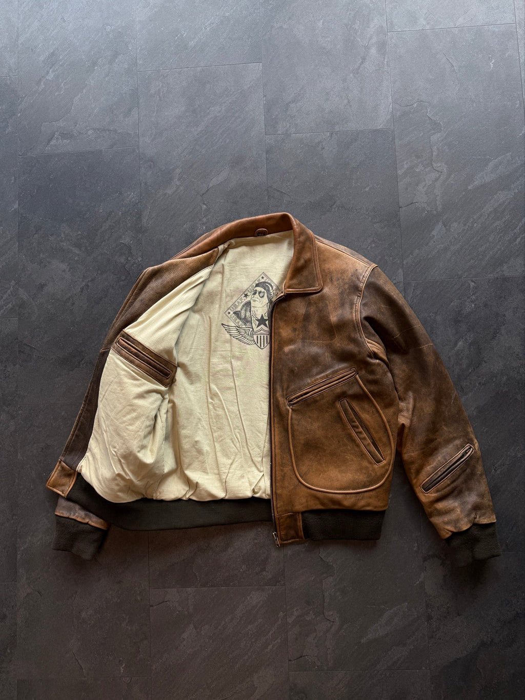 Vintage aviator leather bomber jacket authentic patina finish