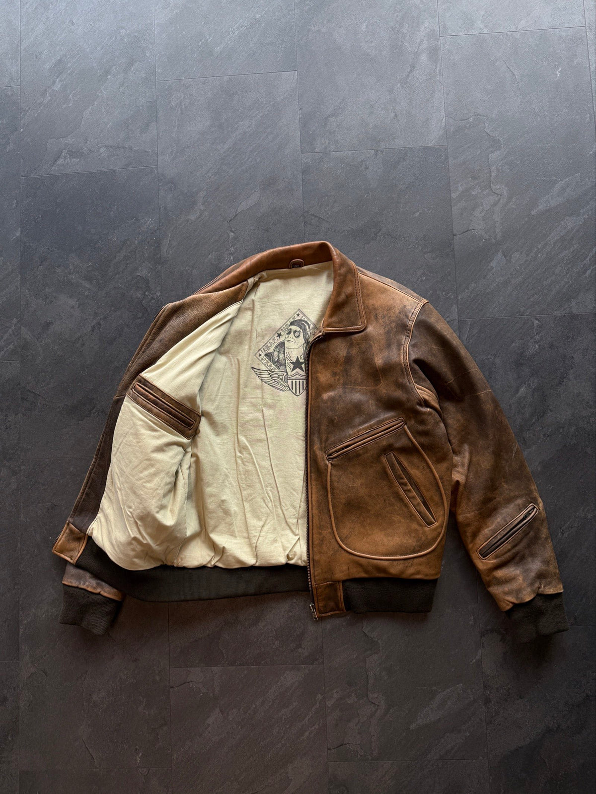 Vintage aviator leather bomber jacket authentic patina finish