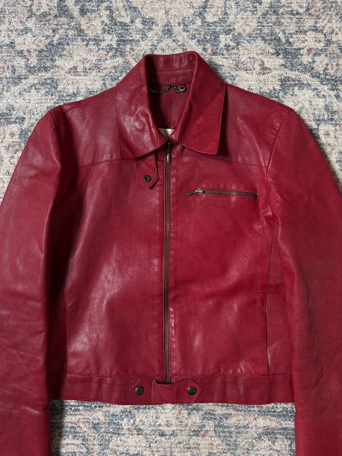 Vintage cherry red biker cropped leather jacket y2k