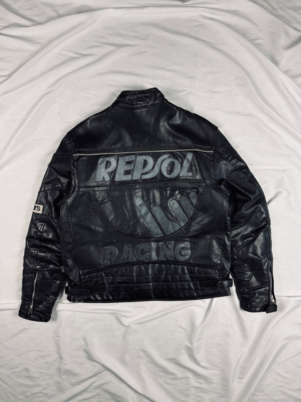 Repsol biker leather heavy jacket all black motorcycle
