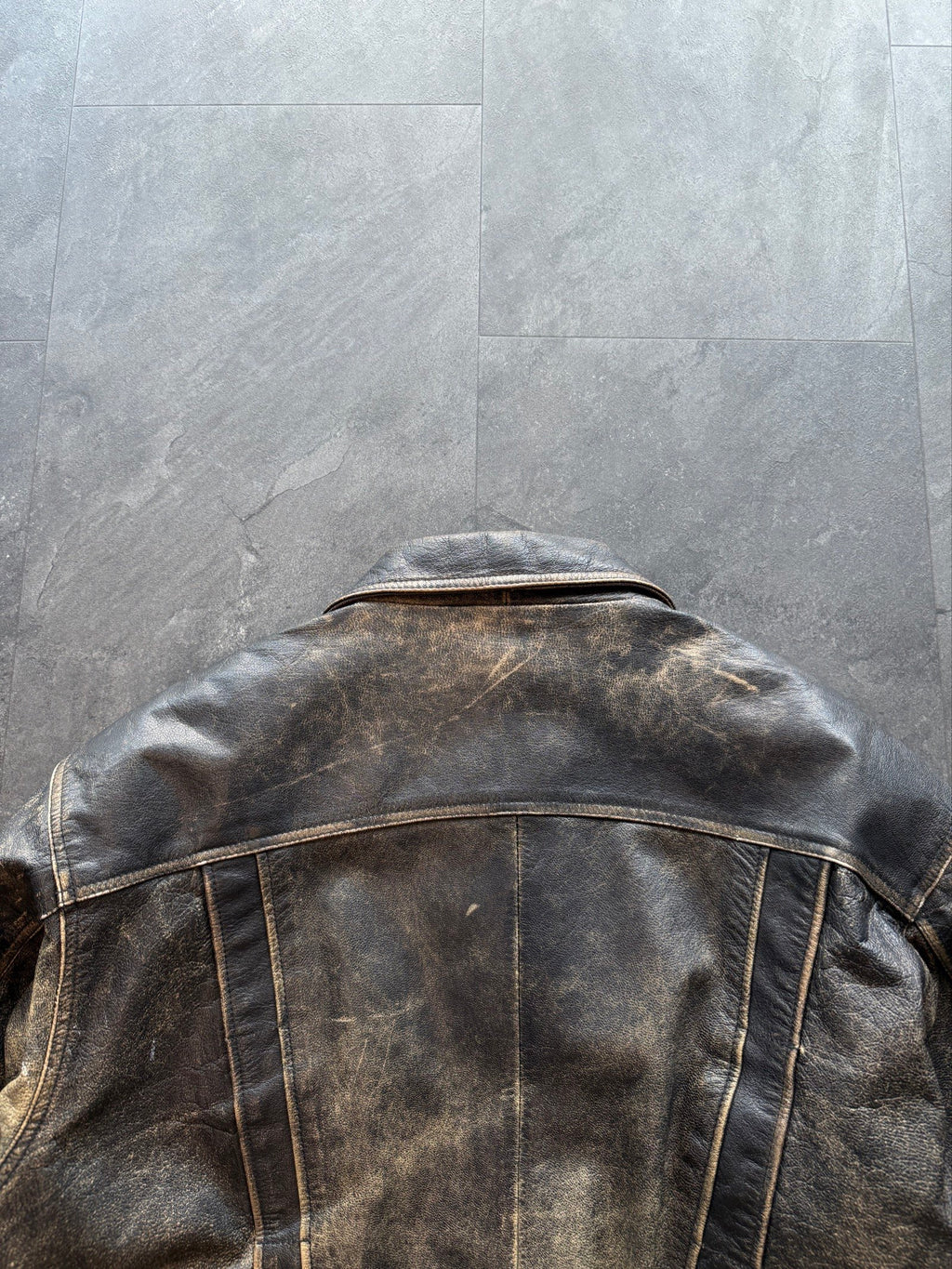 90s Uncle Sam trucker patina heavy leather jacket