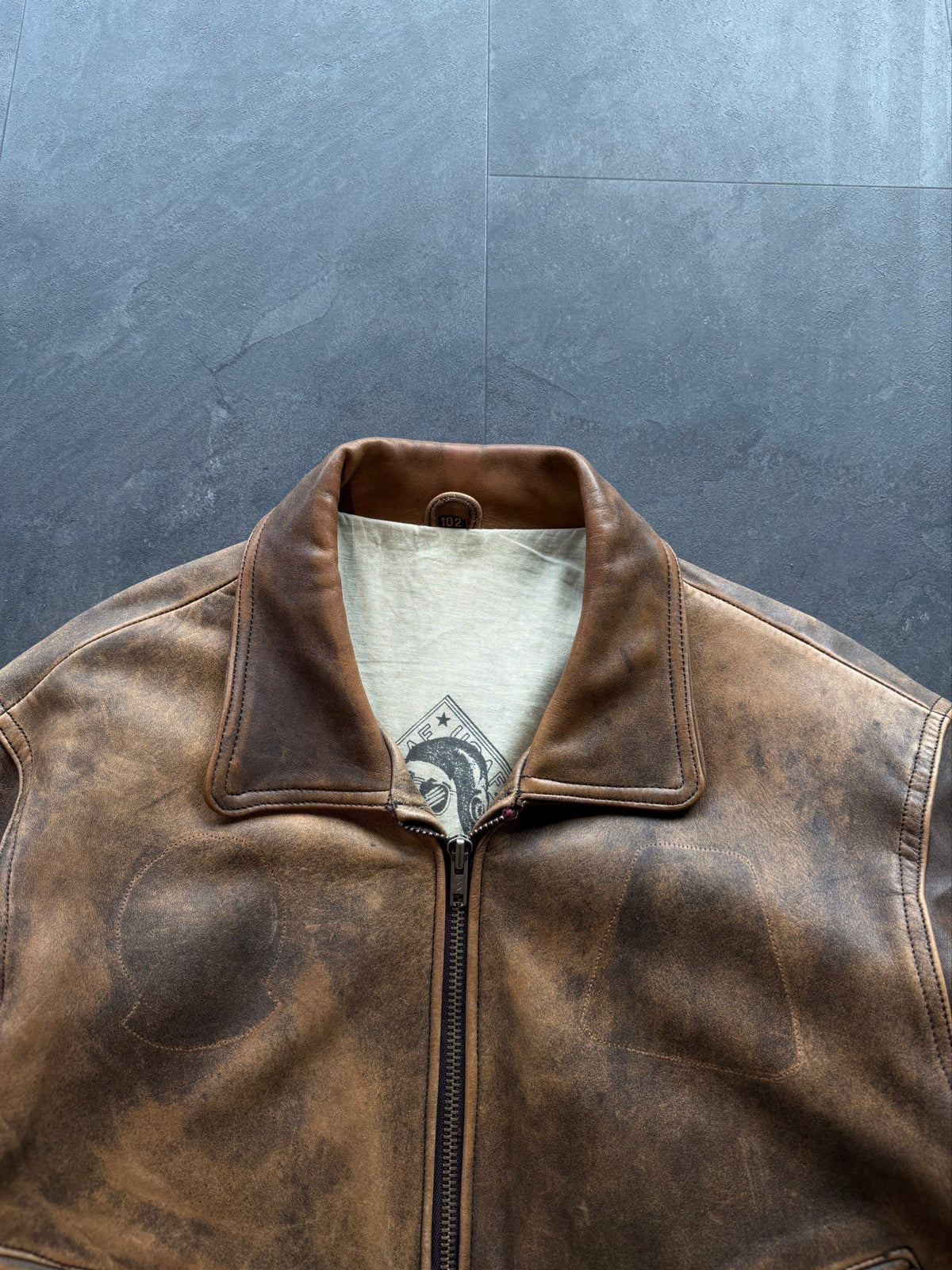 Vintage aviator leather bomber jacket authentic patina finish