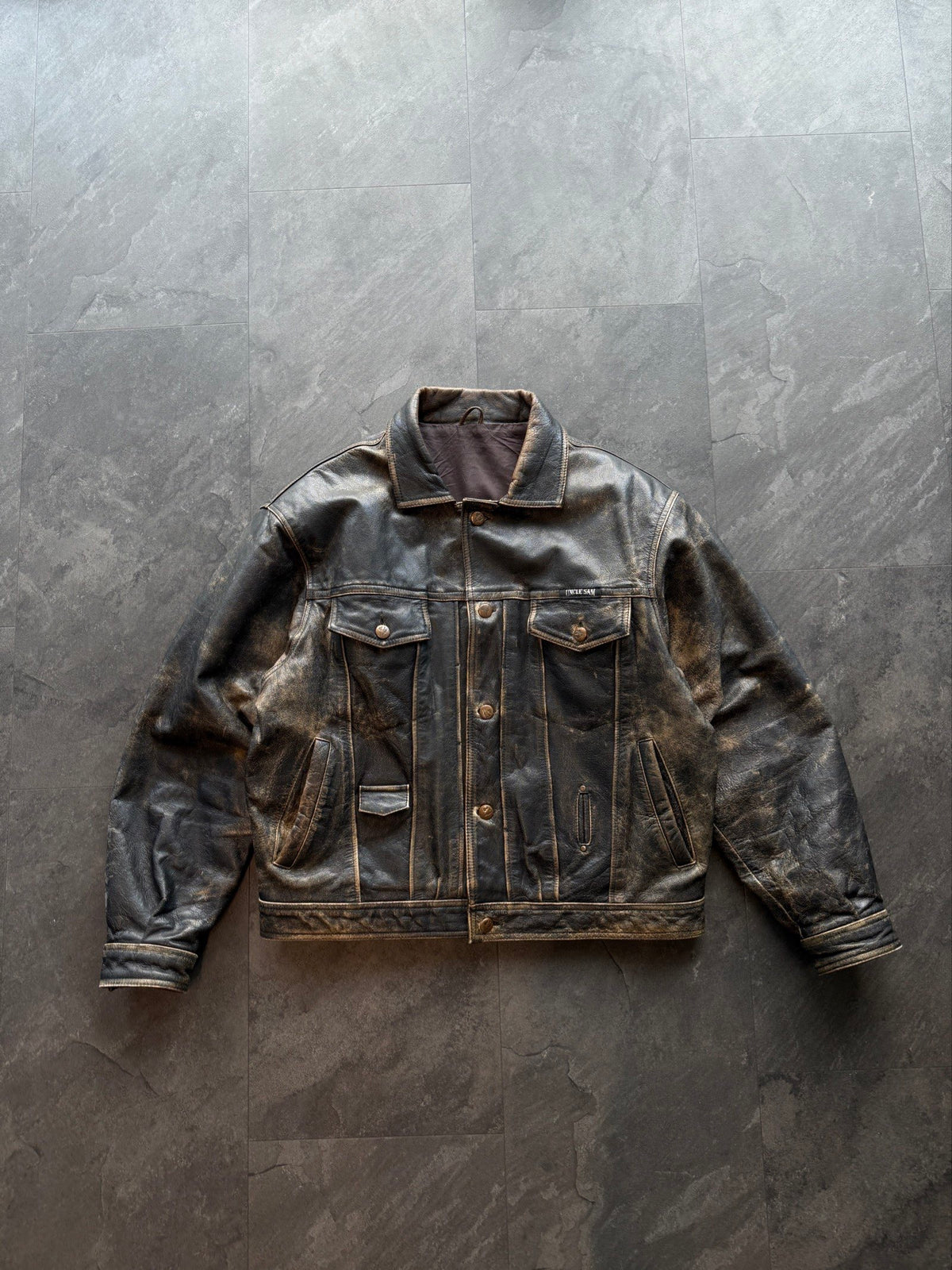 90s Uncle Sam trucker patina heavy leather jacket