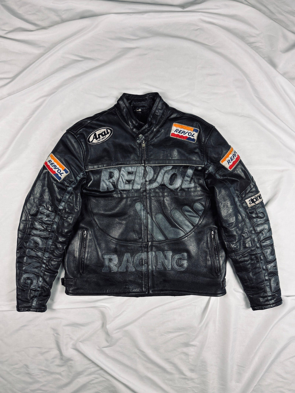 Repsol biker leather heavy jacket all black motorcycle