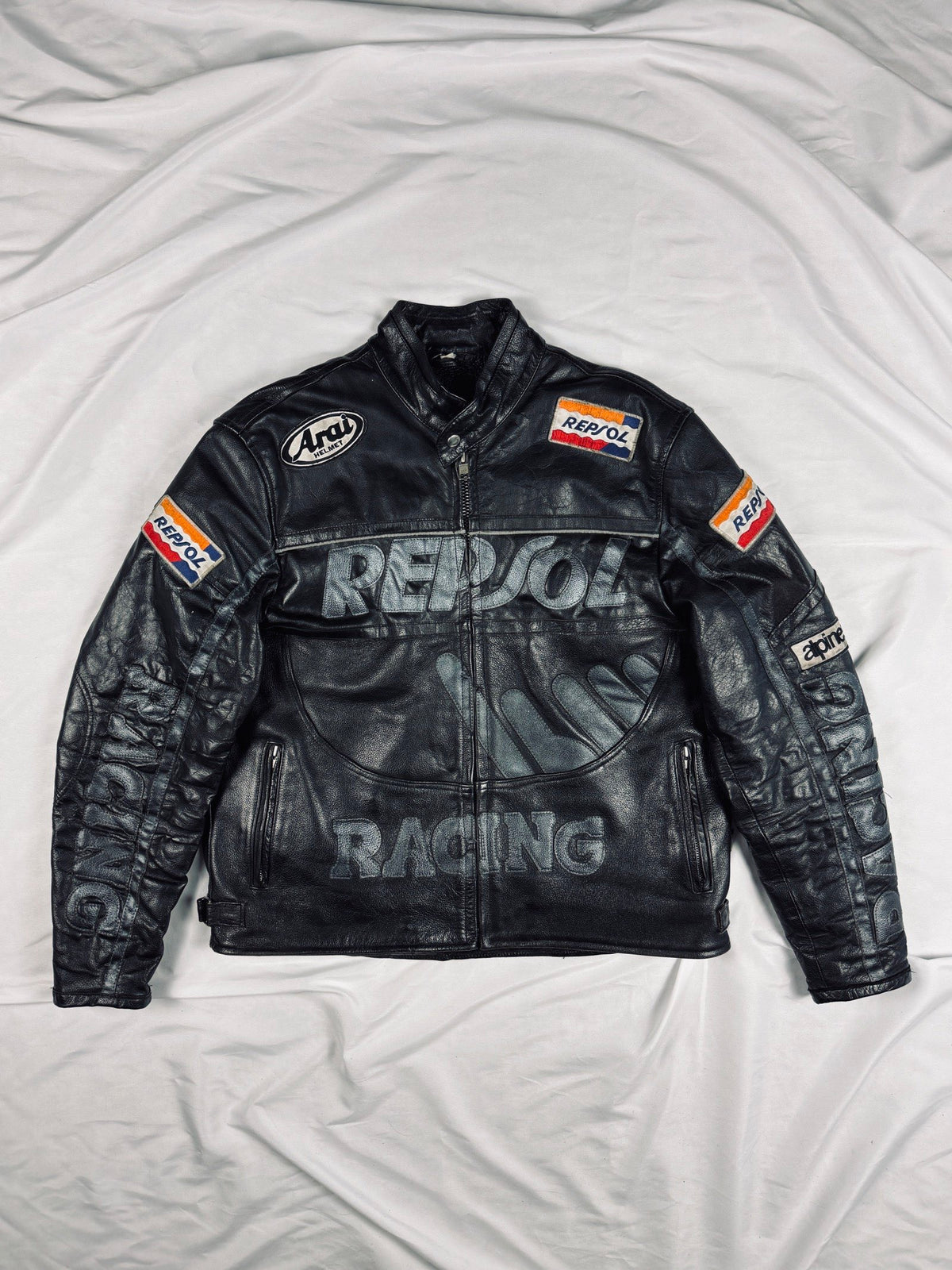 Repsol biker leather heavy jacket all black motorcycle