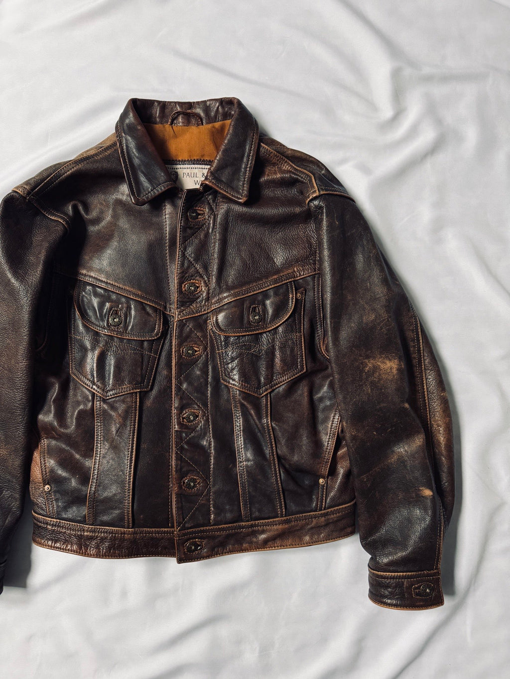 Vintage 80s trucker western cut all-natural patina leather jacket