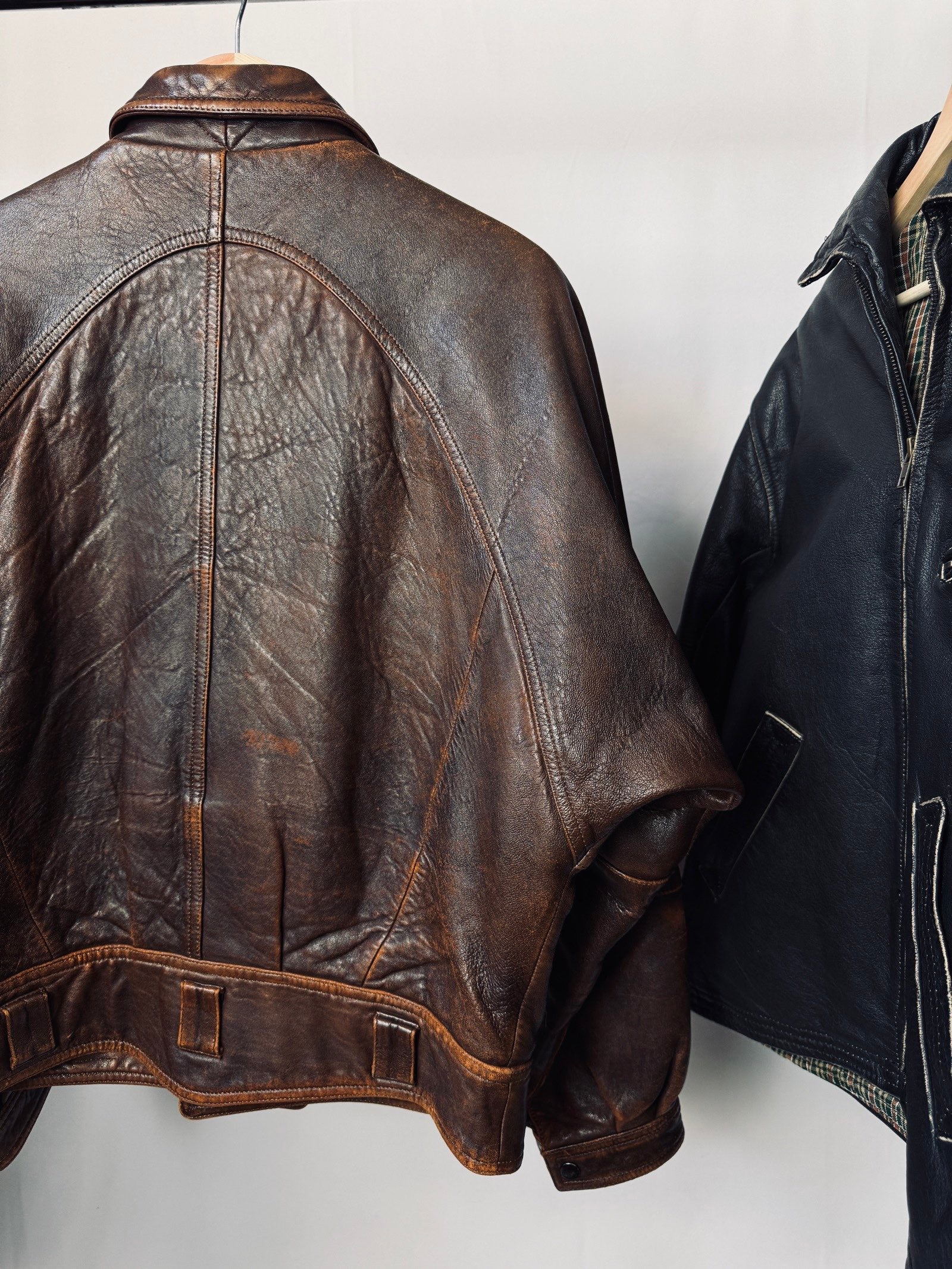 Heavy asymetric brown 90s leather jacket